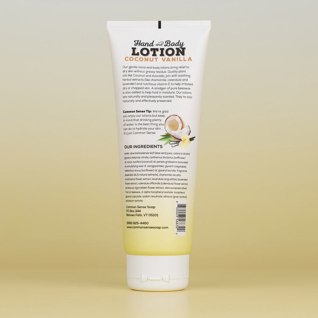Coconut Vanilla Lotion - 8 oz tube - Common Sense Soap
