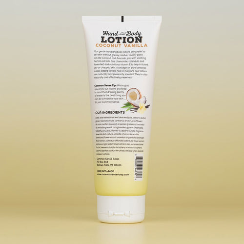 Coconut Vanilla Lotion - 8 oz tube - Common Sense Soap